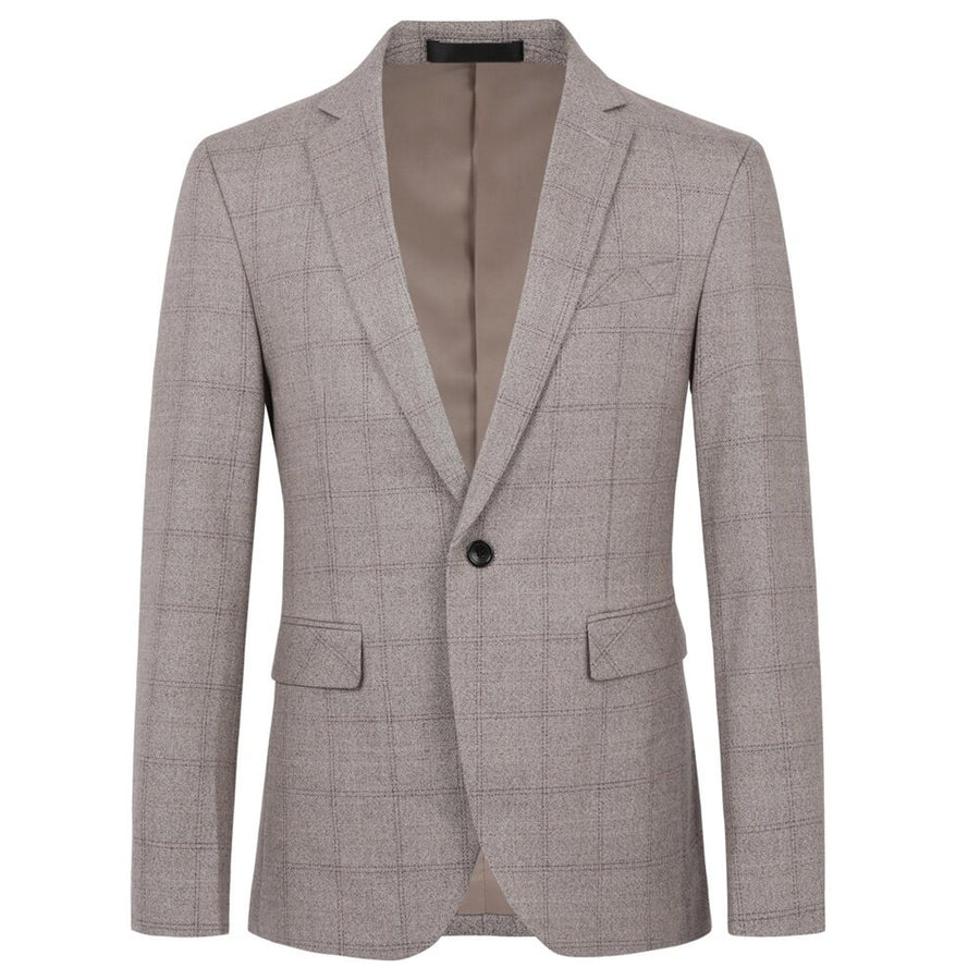 Cloudstyle Men Blazer Single-breasted Striped Checked Notched Collar Flip Pocket Clearance Khaki L Image 1