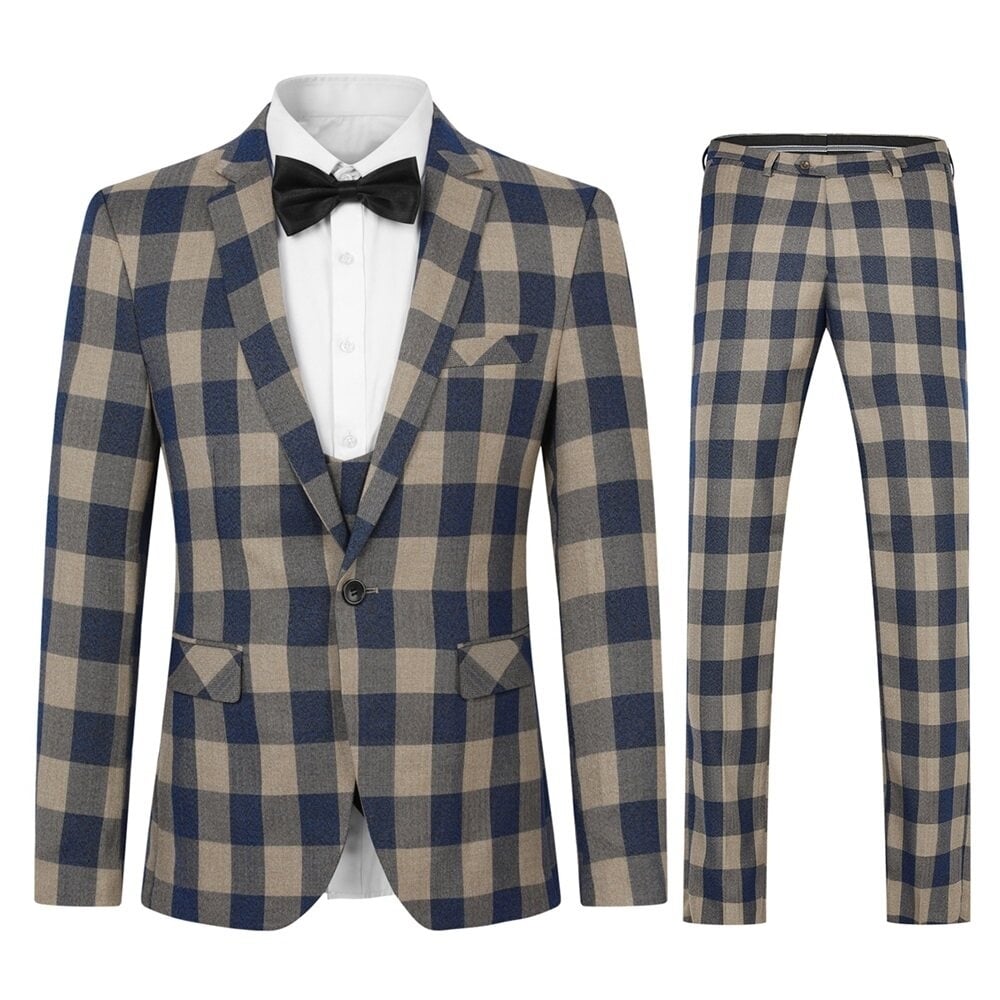 Mens Suits 2 Piece Plaid One Button Jackets Formal Dress Party Prom Blazer Set Image 1