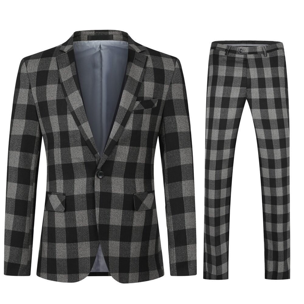 Mens Suits 2 Piece Plaid One Button Jackets Formal Dress Party Prom Blazer Set Image 1