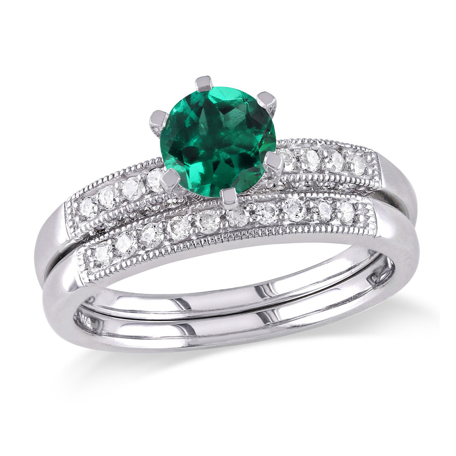 1.00 Carat (ctw) Lab-Created Emerald Bridal Ring Set in 10K White Gold with Diamonds Image 1