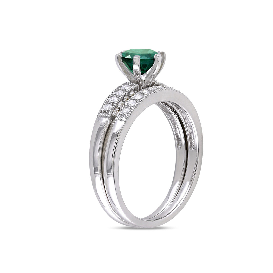 1.00 Carat (ctw) Lab-Created Emerald Bridal Ring Set in 10K White Gold with Diamonds Image 2