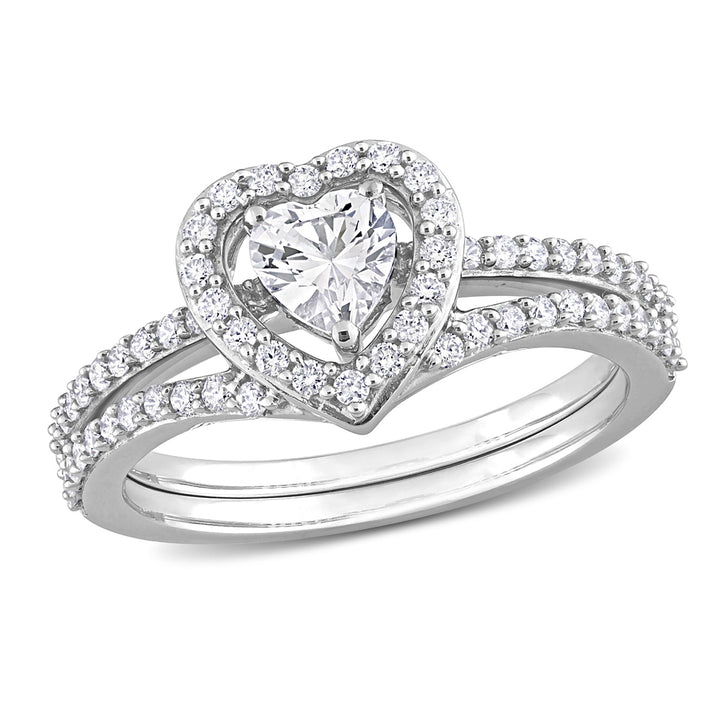 1/2 Carat (ctw) Lab-Created White Sapphire Engagement Ring & Wedding Band Set 10K White Gold with Diamonds Image 1