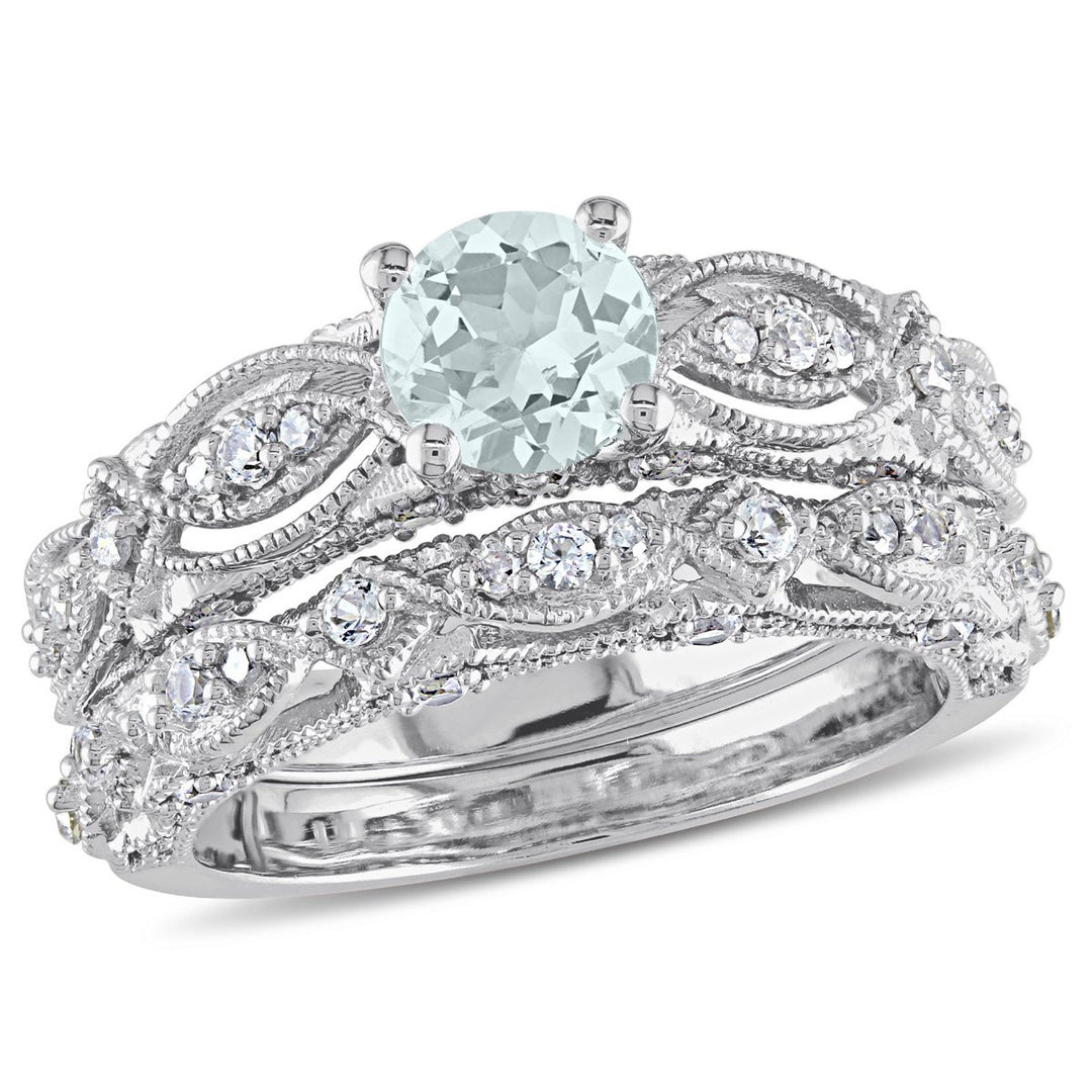 1.40 Carat (ctw) Aquamarine and Lab-Created White Sapphire with Diamonds Bridal Wedding Set Engagement Ring 10K White Image 1