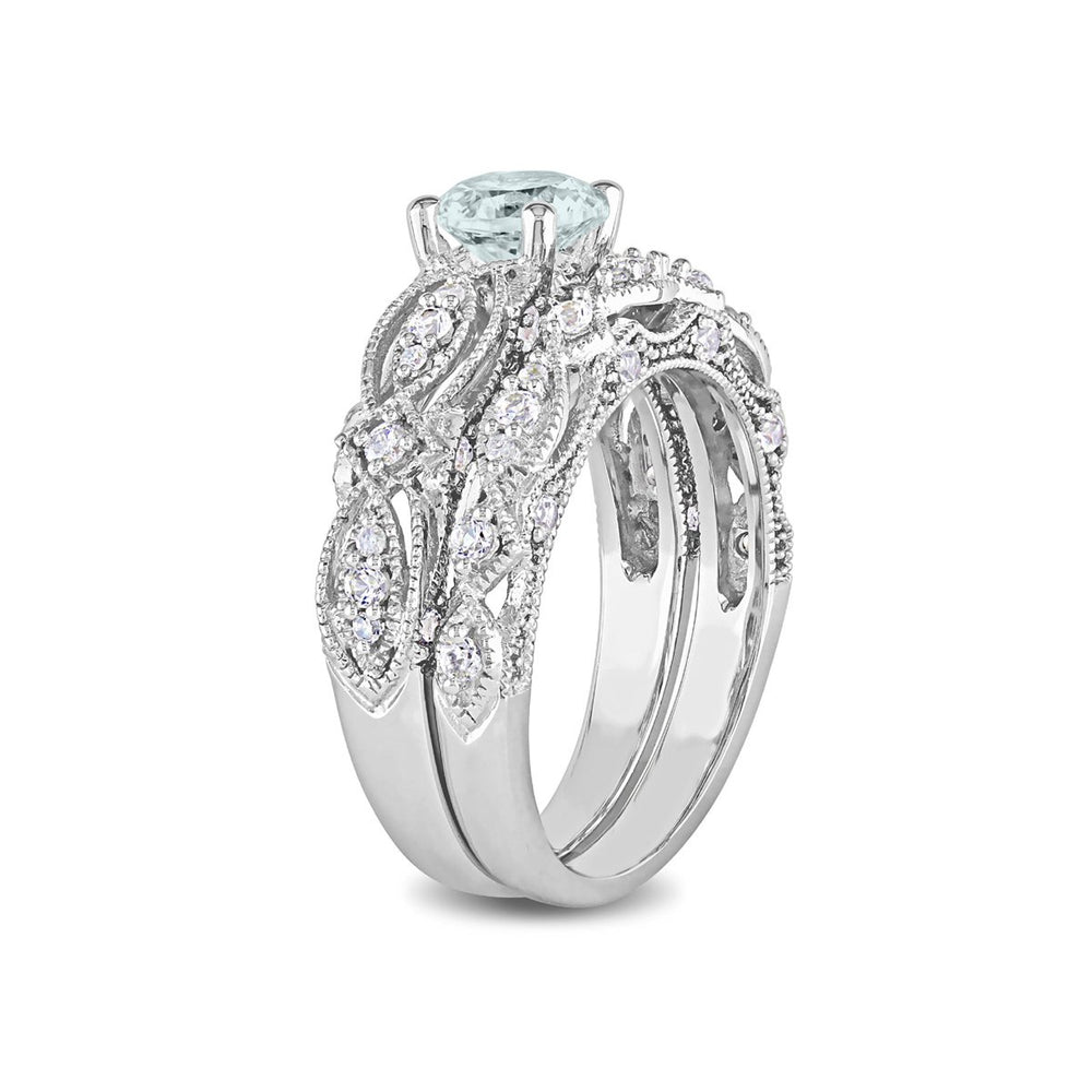 1.40 Carat (ctw) Aquamarine and Lab-Created White Sapphire with Diamonds Bridal Wedding Set Engagement Ring 10K White Image 2