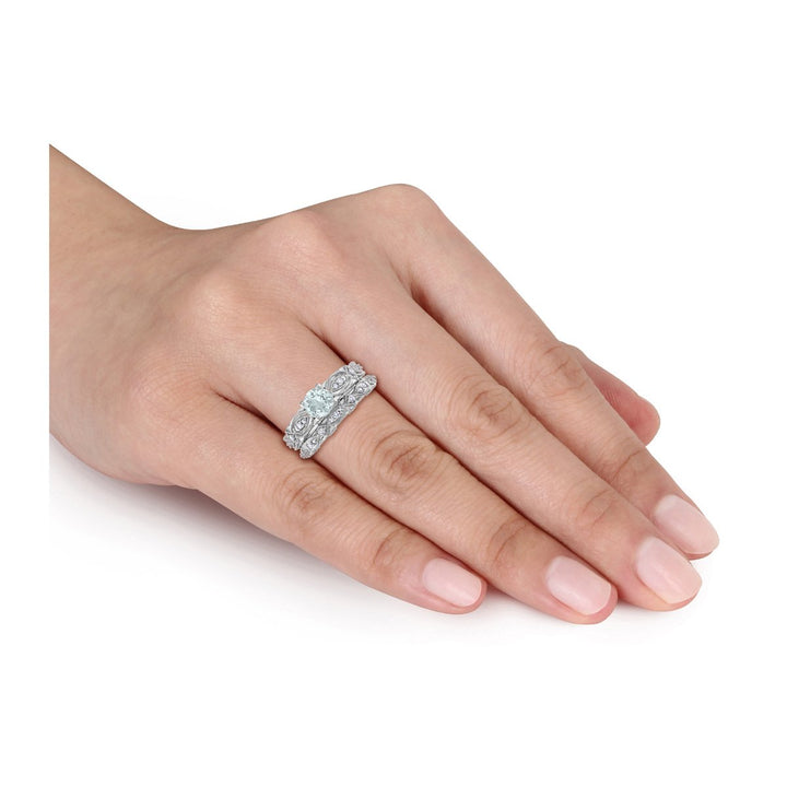 1.40 Carat (ctw) Aquamarine and Lab-Created White Sapphire with Diamonds Bridal Wedding Set Engagement Ring 10K White Image 4