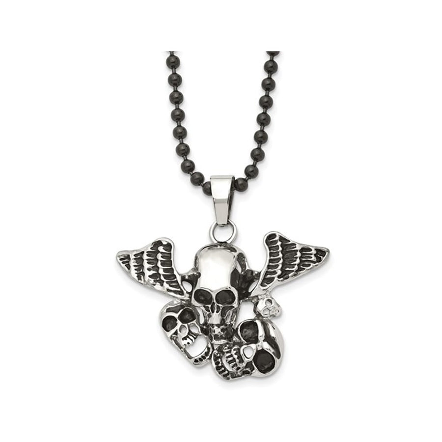 Stainless Steel Antiqued and Polished Skulls with Wings Pendant Necklace with Chain (24 Inches) Image 1