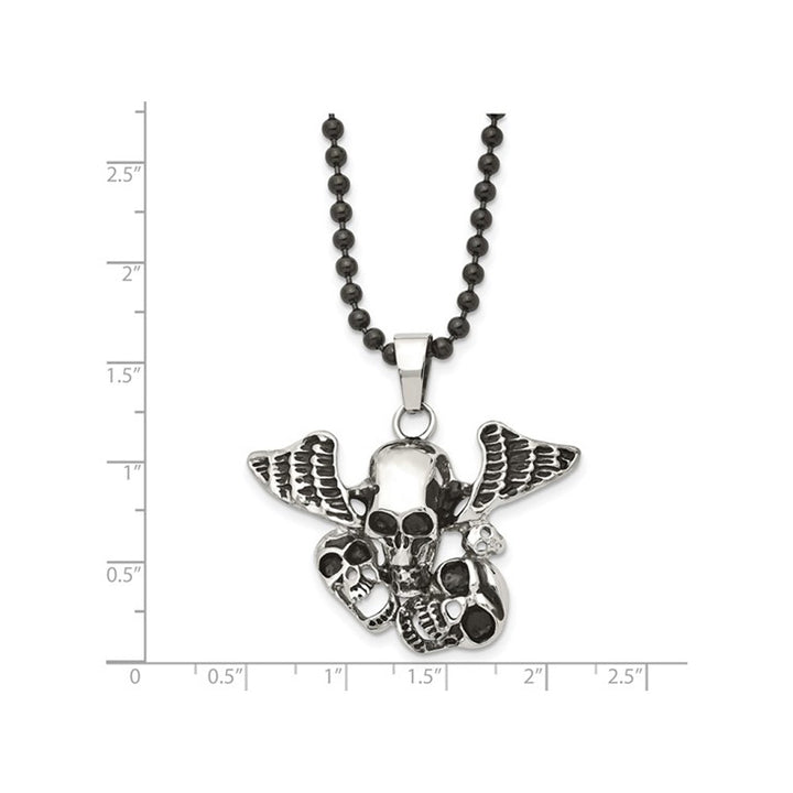 Stainless Steel Antiqued and Polished Skulls with Wings Pendant Necklace with Chain (24 Inches) Image 2
