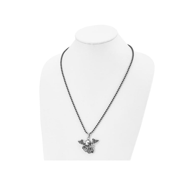 Stainless Steel Antiqued and Polished Skulls with Wings Pendant Necklace with Chain (24 Inches) Image 3