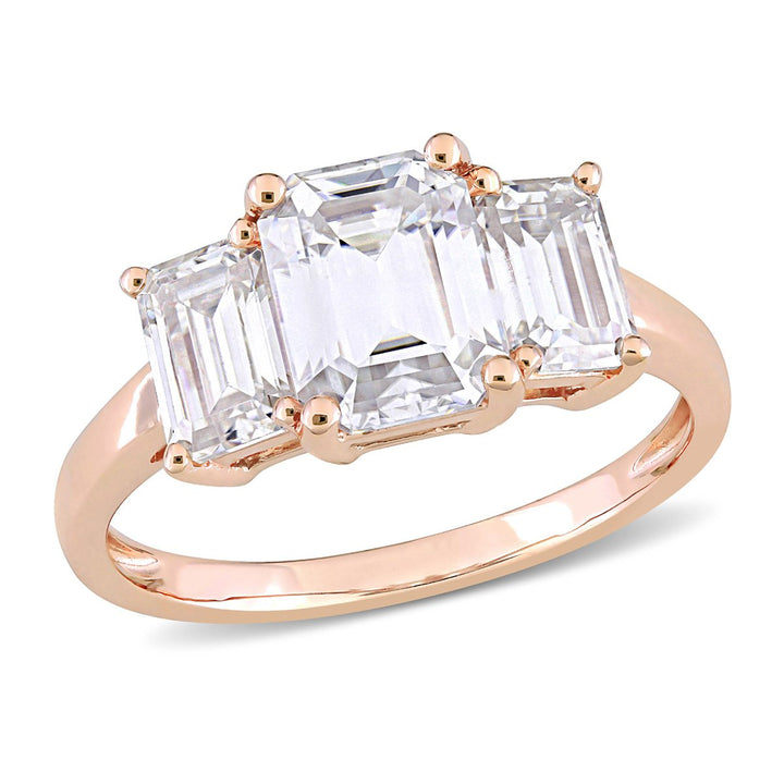 2.70 Carat (ctw) Lab-Created Three-Stone Octagon Moissanite Engagement Ring in 10K Rose Gold Image 1