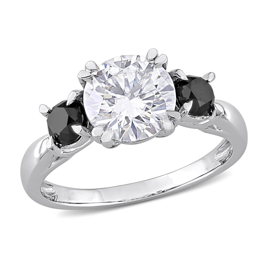 1.85 Carat (ctw) Lab-Created Three-Stone Moissanite Engagement Ring in 10K White Gold with Black Diamonds Image 1