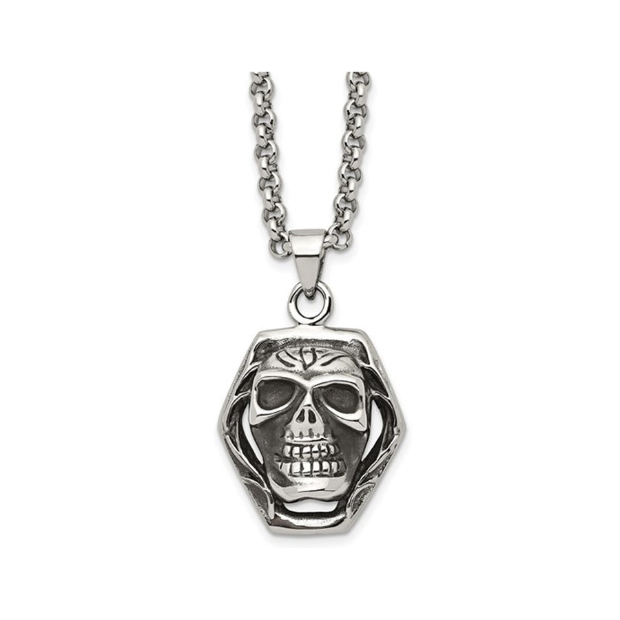 Stainless Steel Antiqued and Polished Skull Pendant Necklace with Chain (24 Inches) Image 1