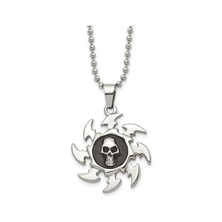 Stainless Steel Antiqued and Polished Skull on Saw Blade Pendant  Necklace with Chain (24 Inche) Image 1