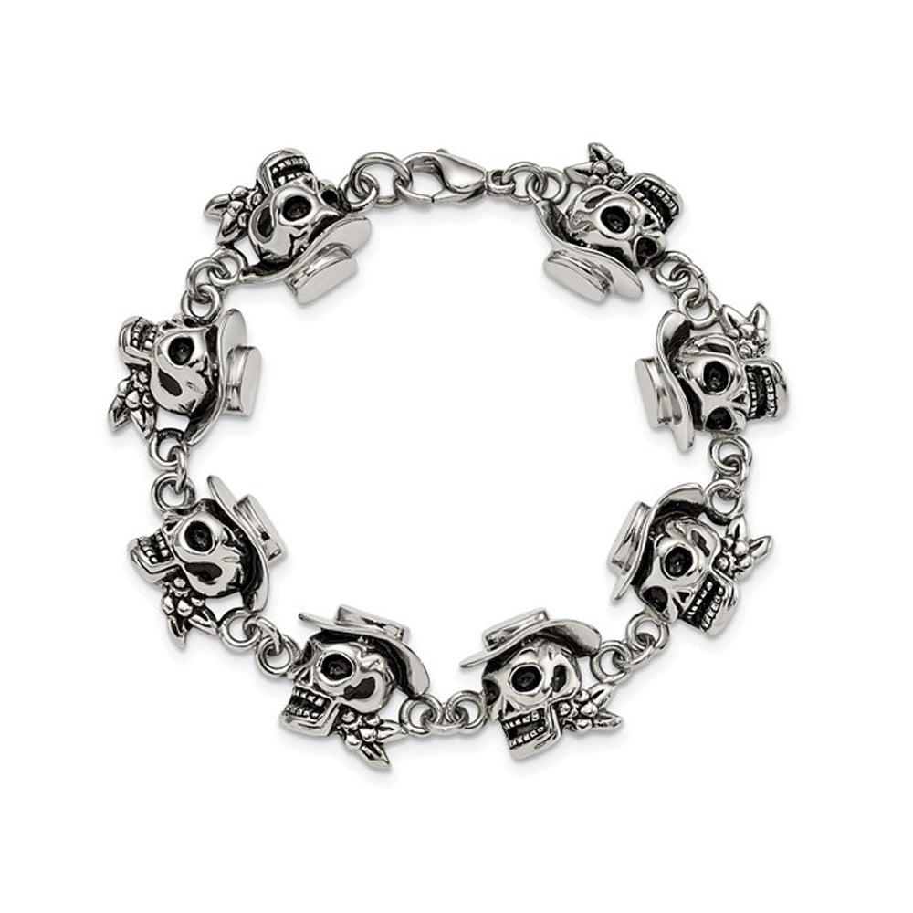 Stainless Steel Antiqued and Polished Pirates Skull Bracelet (8.50 Inches) Image 1