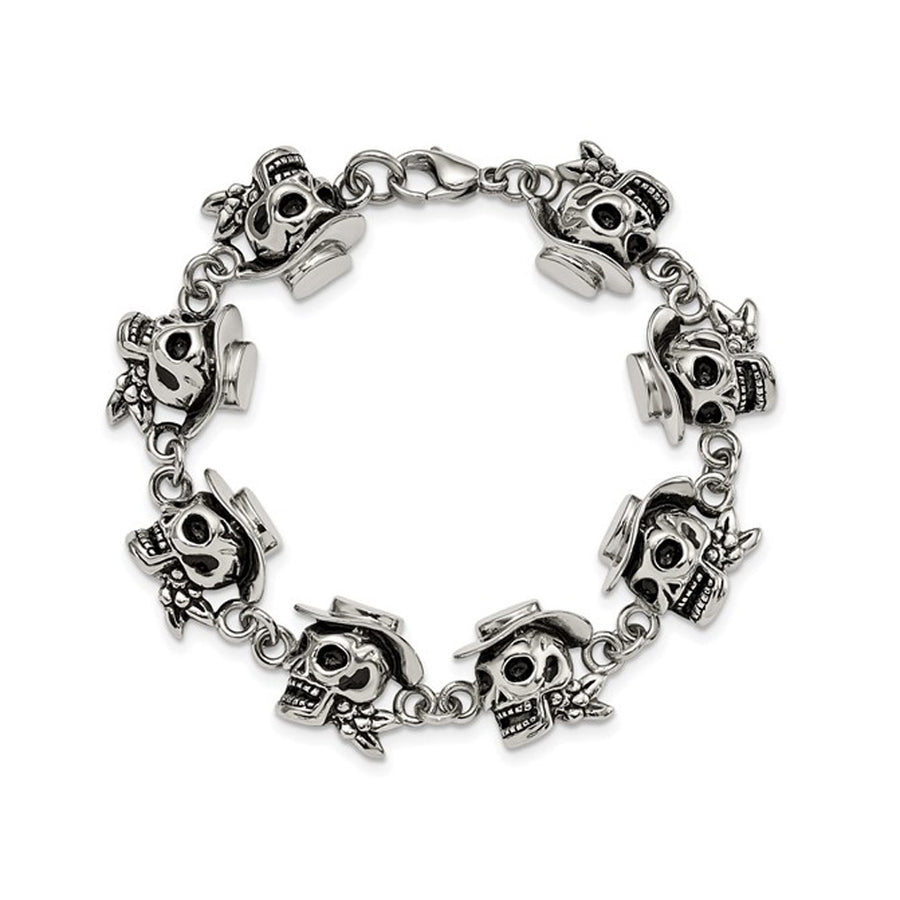 Stainless Steel Antiqued and Polished Pirates Skull Bracelet (8.50 Inches) Image 1