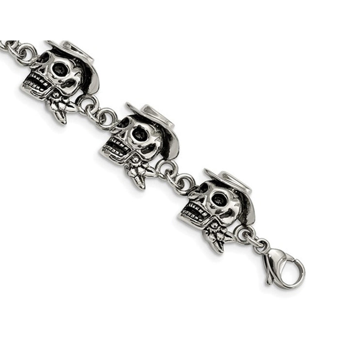 Stainless Steel Antiqued and Polished Pirates Skull Bracelet (8.50 Inches) Image 4