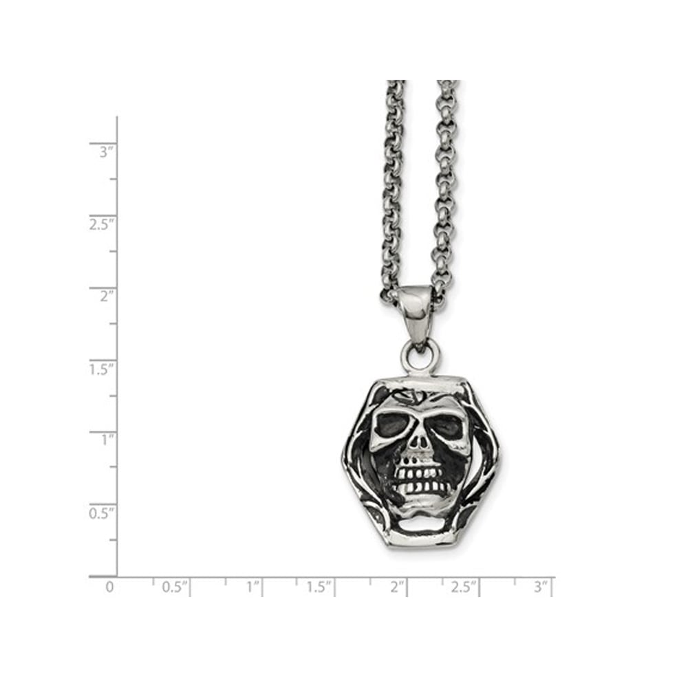 Stainless Steel Antiqued and Polished Skull Pendant Necklace with Chain (24 Inches) Image 2