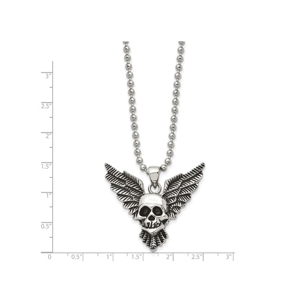 Stainless Steel Antiqued and Polished Skull with Wings Pendant Necklace with Chain (22 Inches) Image 3