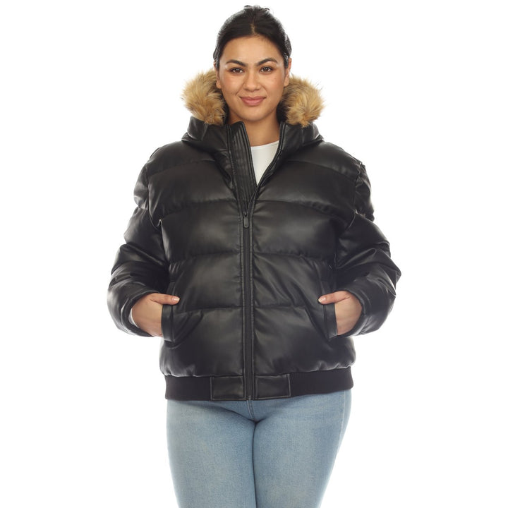 White Mark Womens Puffer Jacket Removable faux Hood PU Leather Size M L XL Image 1