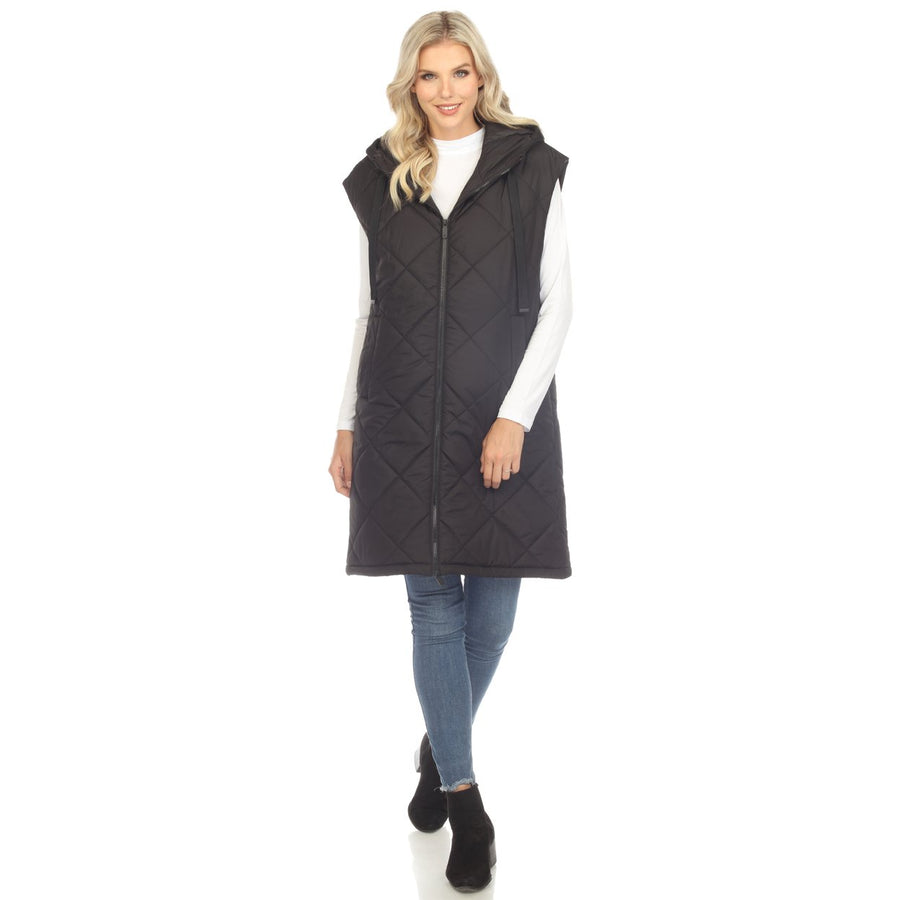 White Mark Womens Long Hooded Puffer Vest Diamond Quilted Warm Lightweight Image 1