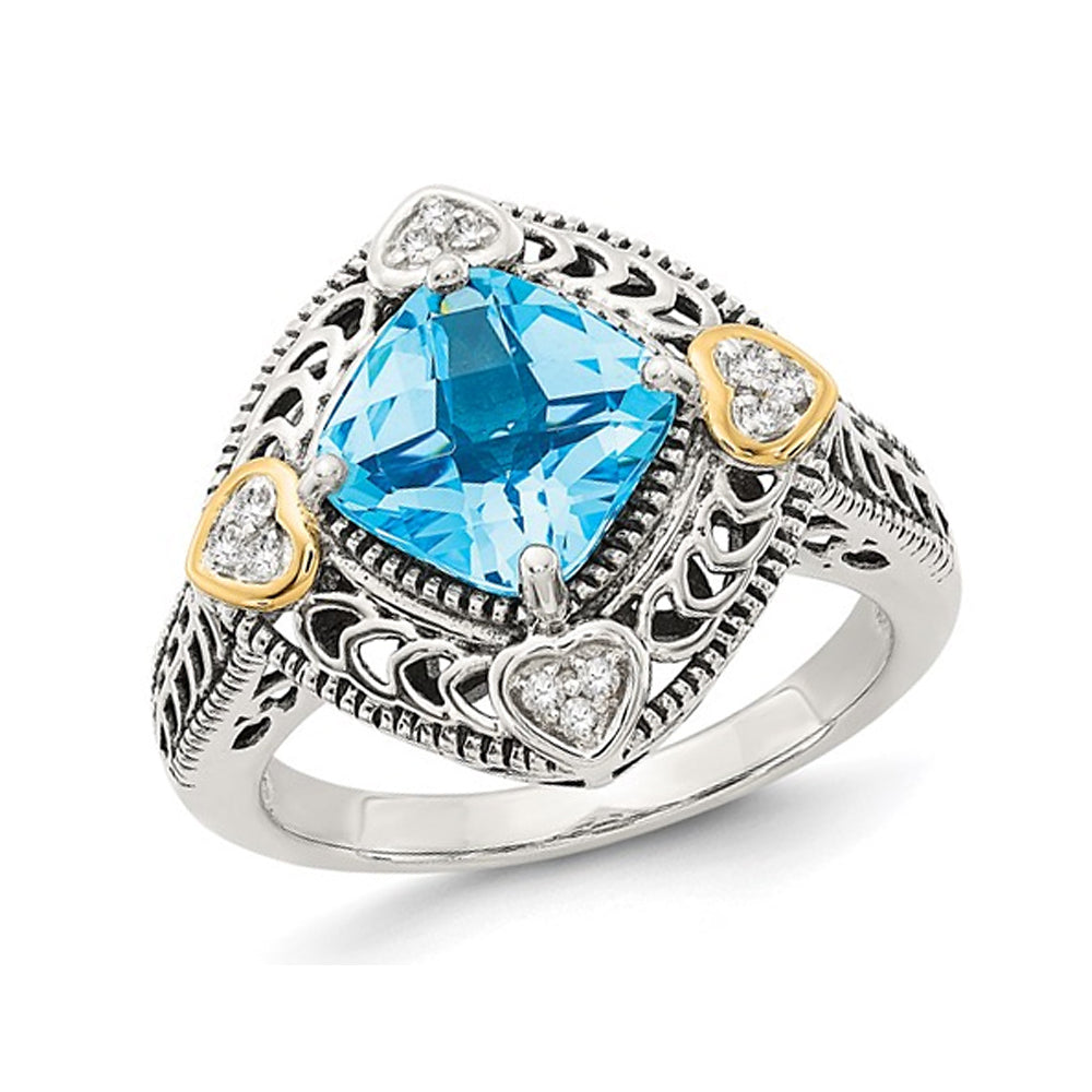 2.70 Carat (ctw) Blue Topaz Ring in Antiqued Sterling Silver with 14K Gold Accent Hearts Image 1