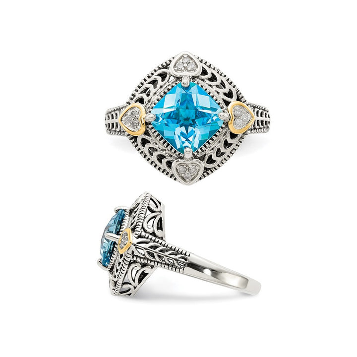 2.70 Carat (ctw) Blue Topaz Ring in Antiqued Sterling Silver with 14K Gold Accent Hearts Image 4