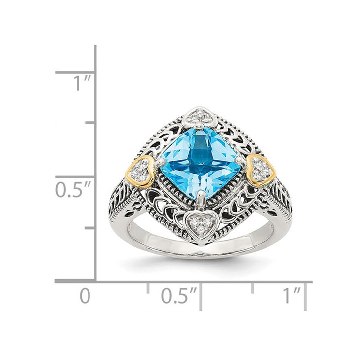 2.70 Carat (ctw) Blue Topaz Ring in Antiqued Sterling Silver with 14K Gold Accent Hearts Image 3