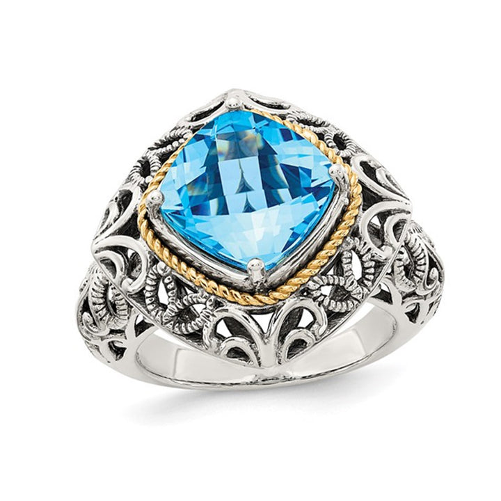 3.60 Carat (ctw) Blue Topaz Cushion-Cut Ring in Sterling Silver with 14K Gold Accent Image 1