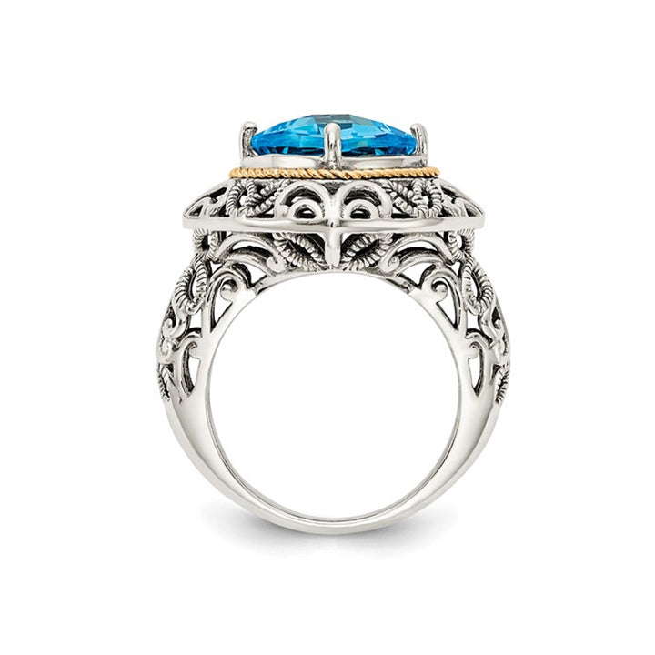 3.60 Carat (ctw) Blue Topaz Cushion-Cut Ring in Sterling Silver with 14K Gold Accent Image 3