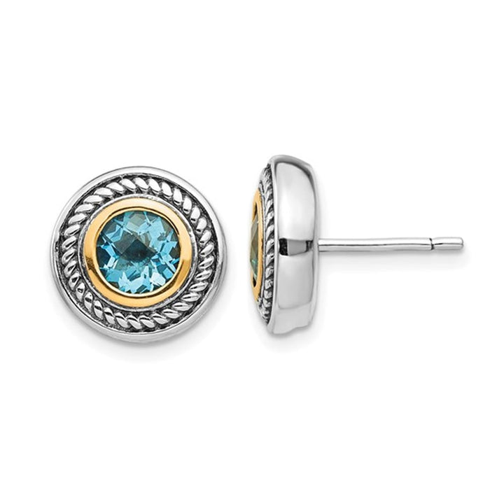 1.00 Carat (ctw) Blue Topaz Button Post Earrings in Sterling Silver with 14K Accents Image 1