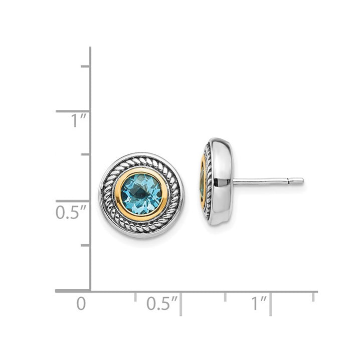 1.00 Carat (ctw) Blue Topaz Button Post Earrings in Sterling Silver with 14K Accents Image 3