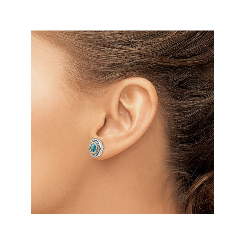 1.00 Carat (ctw) Blue Topaz Button Post Earrings in Sterling Silver with 14K Accents Image 4