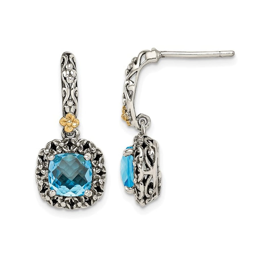 2.40 Carat (ctw) Blue Topaz Checkerboard Dangle Earrings in Sterling Silver with Yellow Accents Image 1