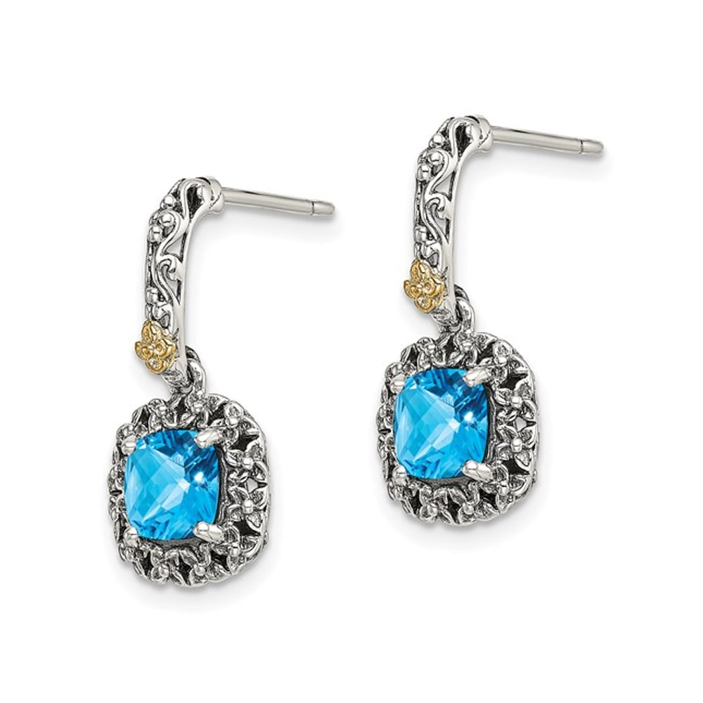 2.40 Carat (ctw) Blue Topaz Checkerboard Dangle Earrings in Sterling Silver with Yellow Accents Image 4
