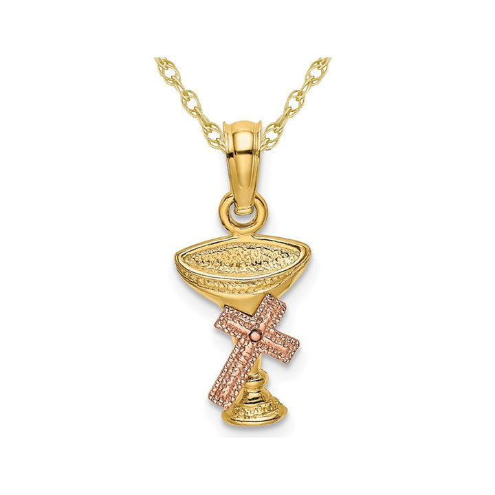 14K Yellow and Rose Gold Communion Cup with Cross Charm Pendant Necklace with Chain Image 1