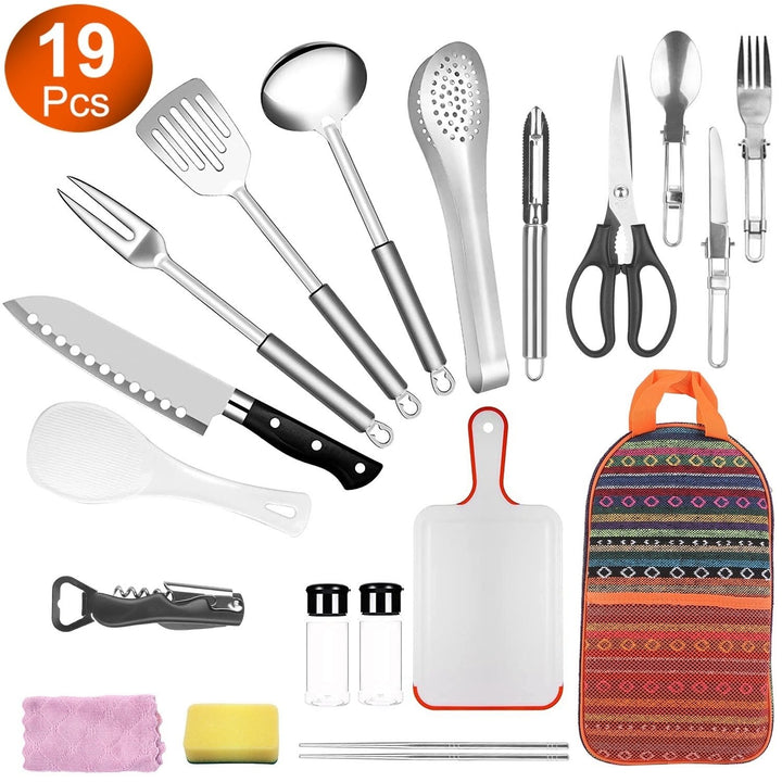 19Pcs Camping Cooking Utensil Kit Portable Outdoor Cookware Set Orange Image 1