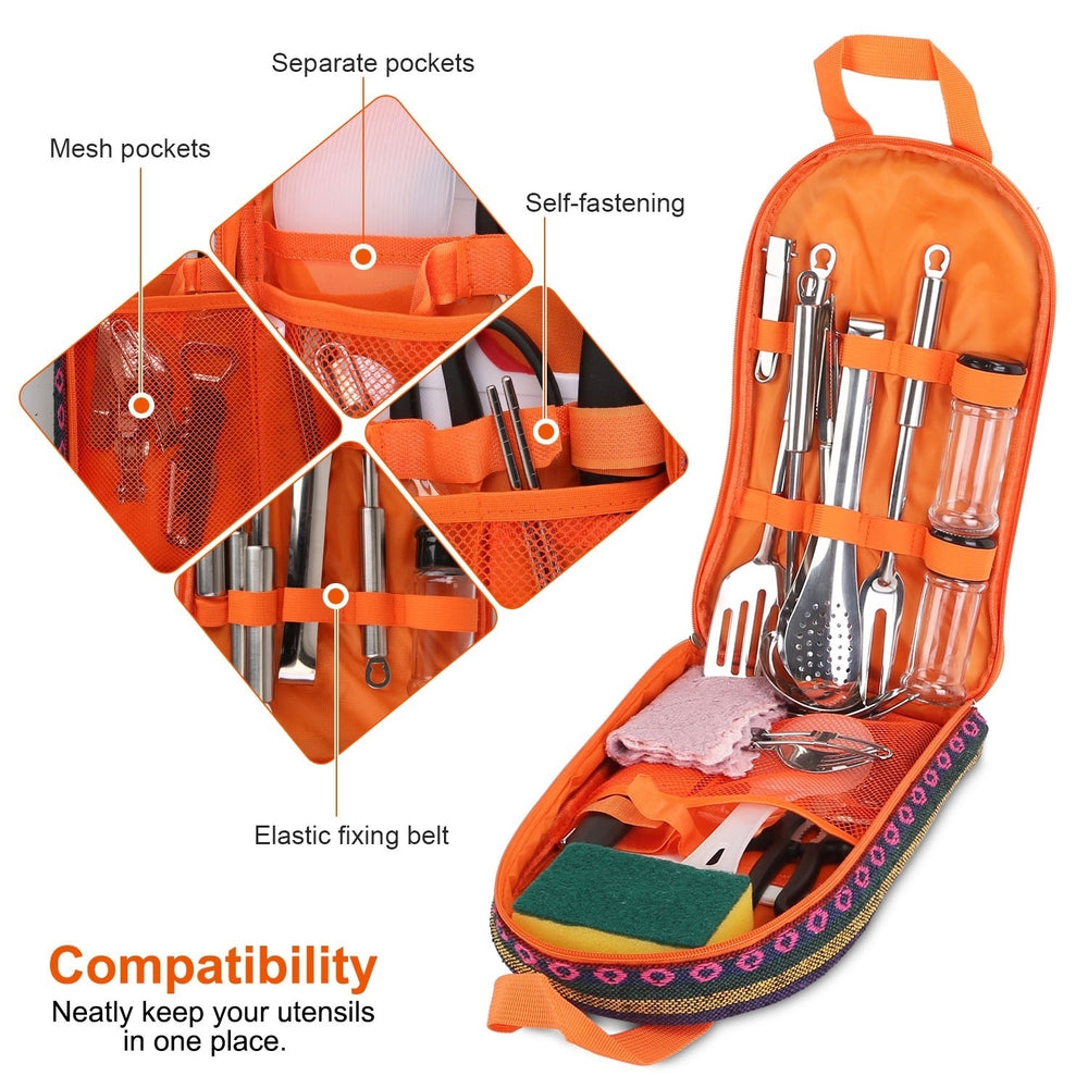 19Pcs Camping Cooking Utensil Kit Portable Outdoor Cookware Set Orange Image 2