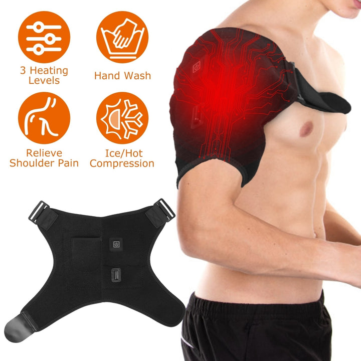 Heated Shoulder Brace Electric Heating Pad Compression Sleeve for Pain Relief Black Image 1