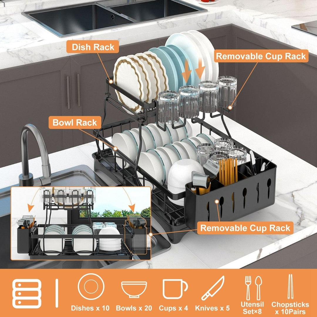 2-Tier Dish Drying Rack with Drainboard Black Carbon Steel Detachable Utensil Holder Image 4