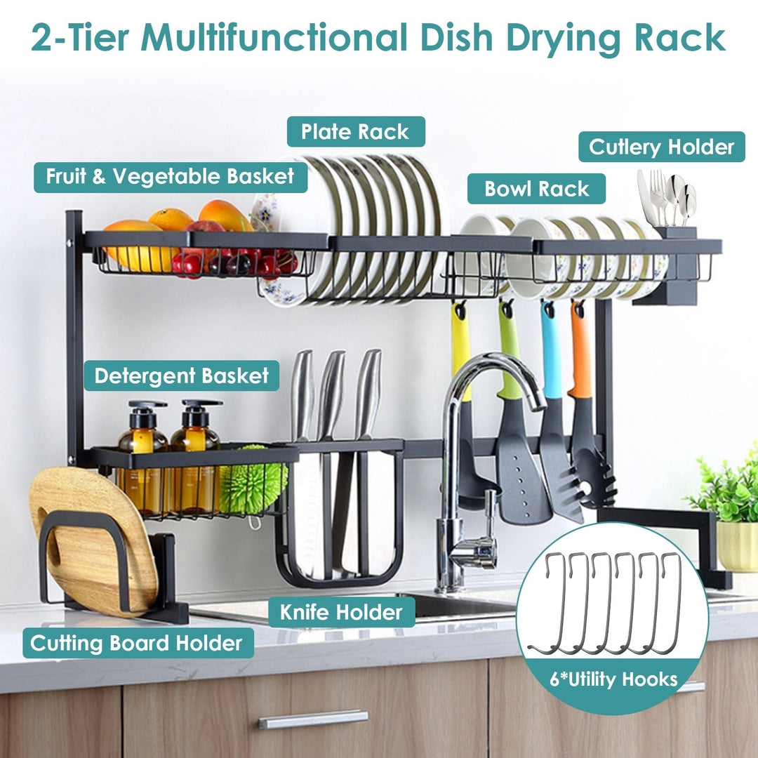 Stainless Steel 2-Tier Over Sink Dish Drying Rack Organizer Large Capacity Black Image 3