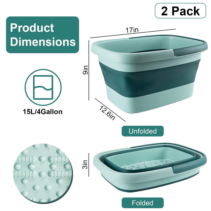 2 Pack Collapsible Foot Bath Basin 15L TPE Foot Soak Tub Green with Massage Rollers Image 2