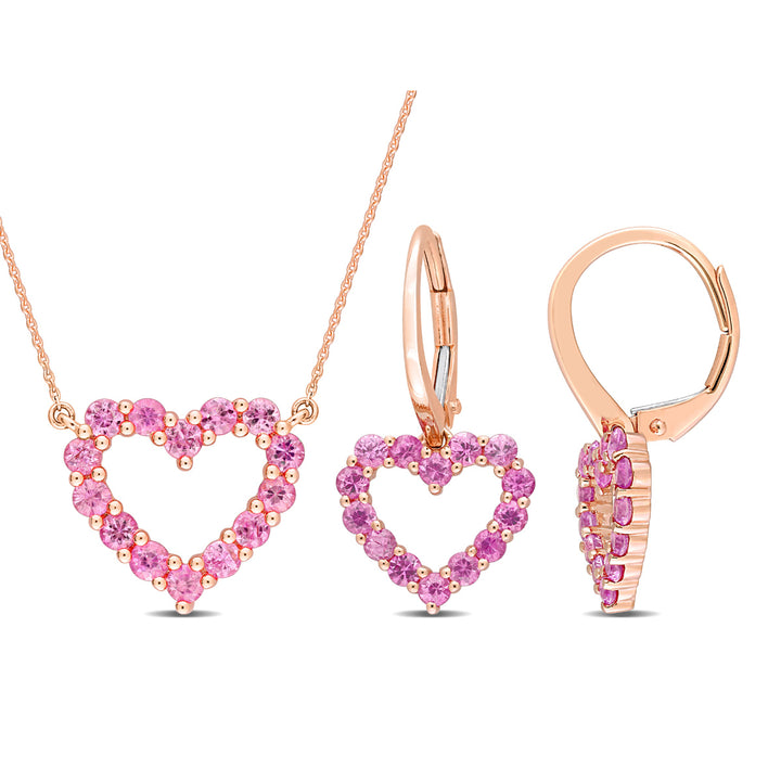 2.38 Carat (ctw) Pink Sapphire Heart Pendant Necklace and Earrings in 10K Yellow Gold Image 1