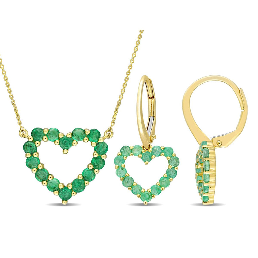 1.54 Carat (ctw) Emerald Heart Pendant Necklace and Earrings in 10K Yellow Gold Image 1