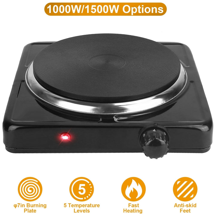 1500W Electric Hot Plate Portable Burner with 5 Temperature Settings Black Silver Image 1