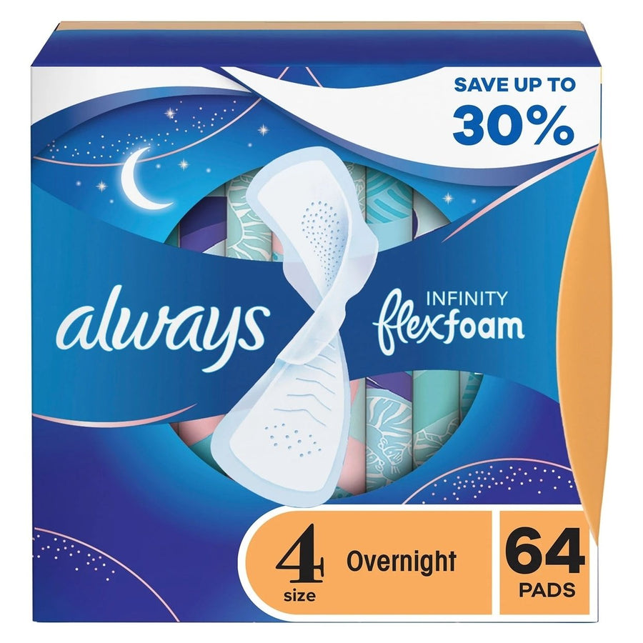 Always Infinity FlexFoam Overnight Pads with Wings Unscented Size 4 (64 Count) Image 1