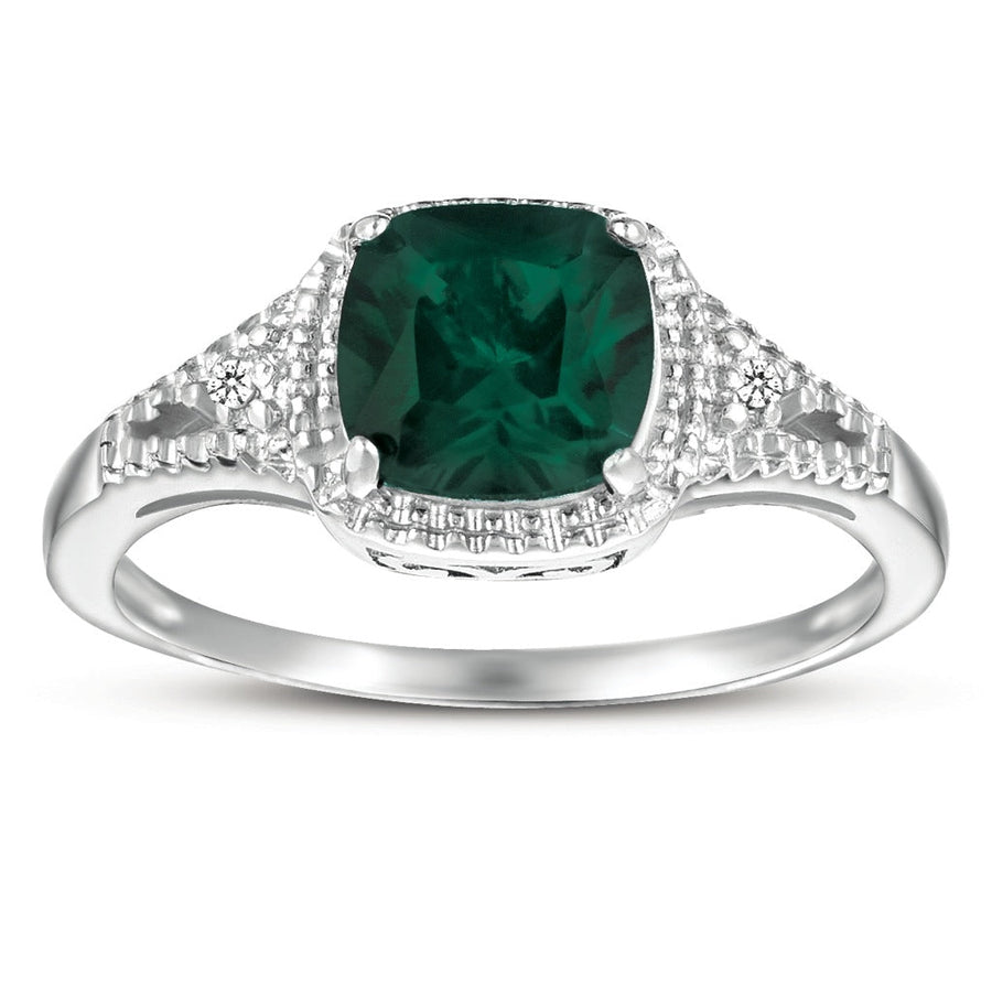 STERLING SILVER 2.0CTW CUSHION CUT EMERALD AND DIAMOND ACCENT RING Image 1