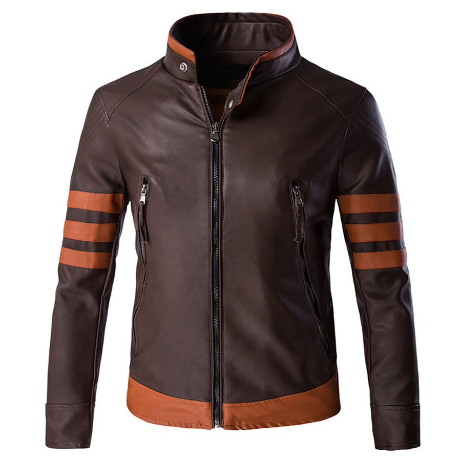 Cloudstyle Mens Leather Jacket Brown Long Sleeve Striped Zipper Closure Windproof Stand Collar Image 1