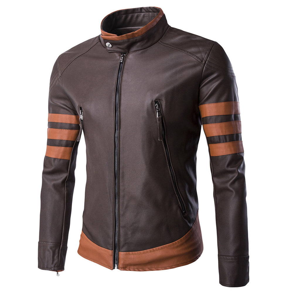 Cloudstyle Mens Leather Jacket Brown Long Sleeve Striped Zipper Closure Windproof Stand Collar Image 2
