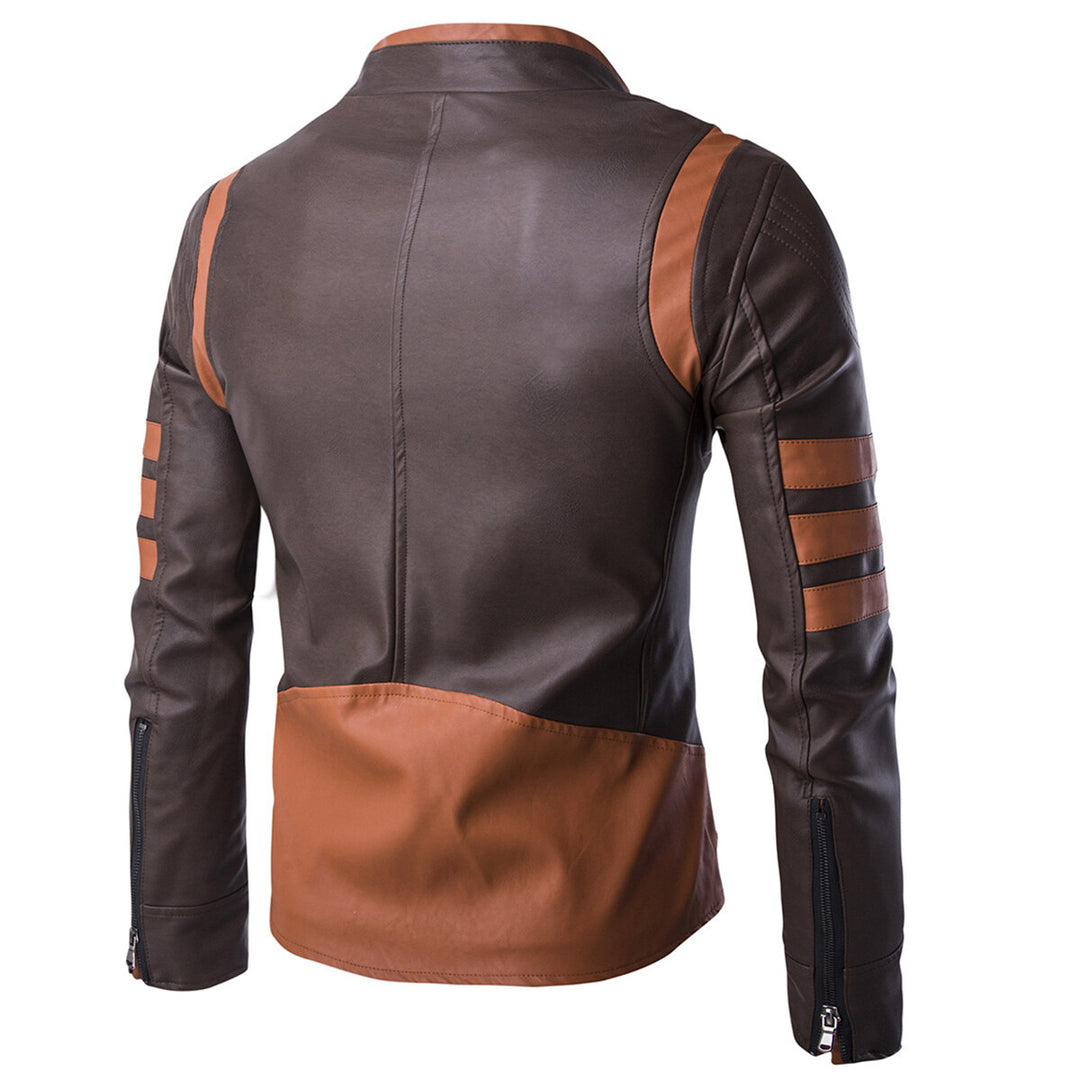 Cloudstyle Mens Leather Jacket Brown Long Sleeve Striped Zipper Closure Windproof Stand Collar Image 3