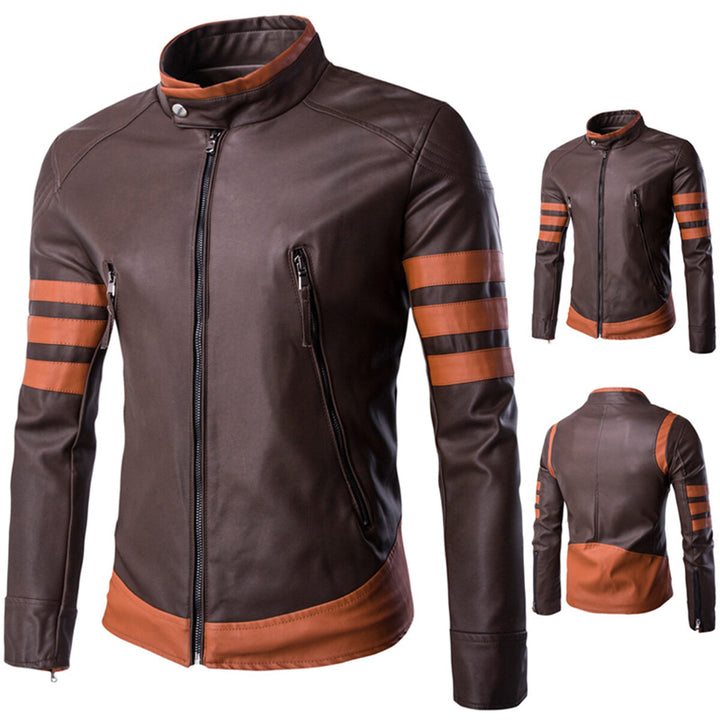 Cloudstyle Mens Leather Jacket Brown Long Sleeve Striped Zipper Closure Windproof Stand Collar Image 4