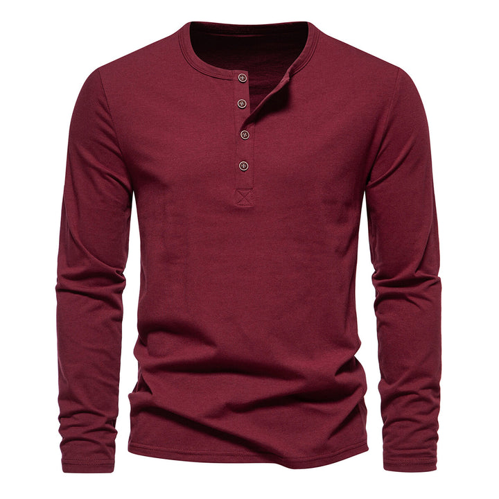 Cloudstyle Mens Shirt Solid Color Four-Button Henley Collar Long Sleeve T-Shirt Image 3